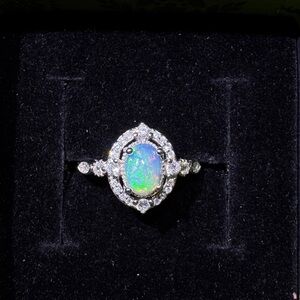 S925 sterling silver- Opal Halo Statement Ring - White Gold Tone